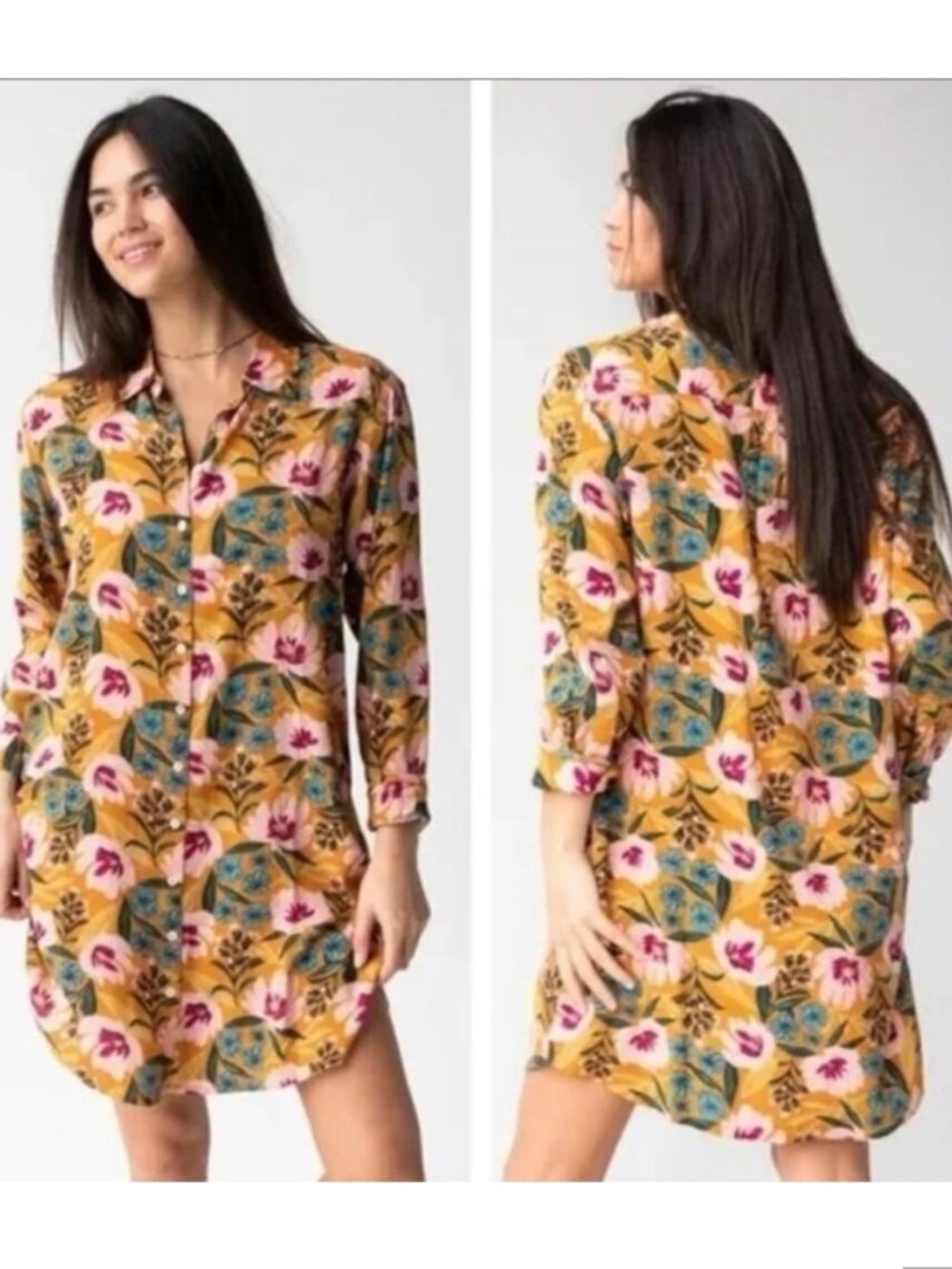 Natural Life Georgia Floral Shirt Dress Button Down Sz S Yellow Pink Pockets